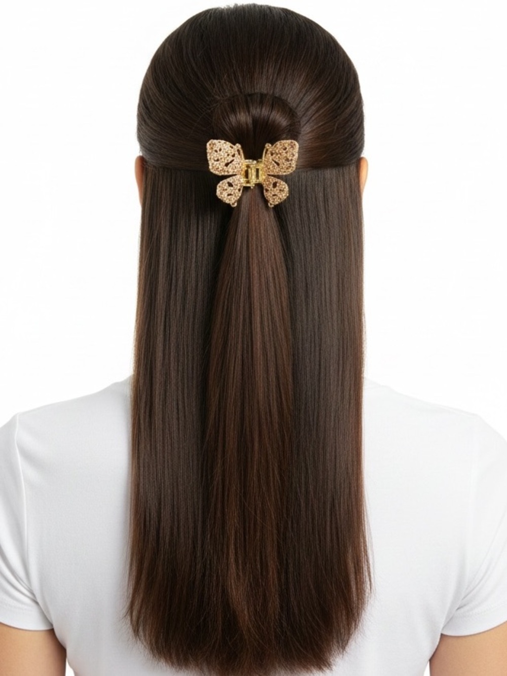 Butterfly Allover Champagne Rhinestone 1.5” Gold Metal Lobster Claw Hair Clip